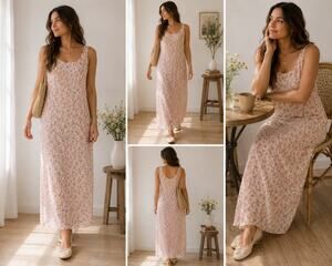 Vintage Floral Chiffon Midi Dress Size 12 Pink Cottagecore Sleeveless Lined